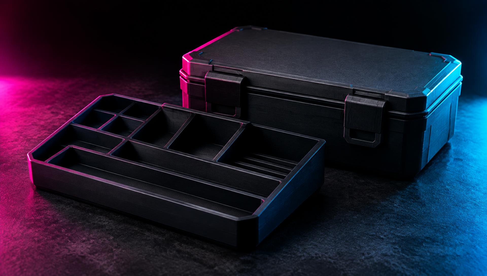 Peptide-Storage.com vial trays, syringe vault, and loading station together on a countertop